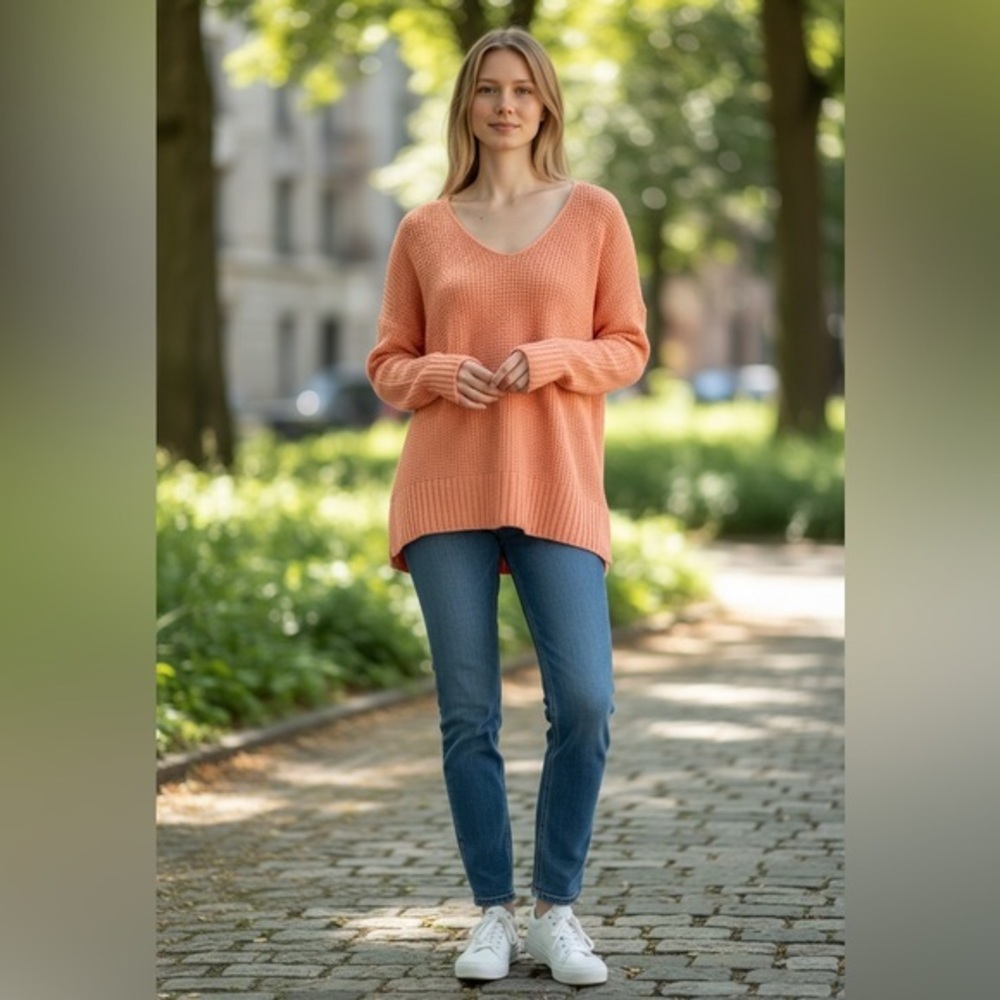 Coral Textured Knit V-Neck Sweater Women’s Large Lightweight Pullover